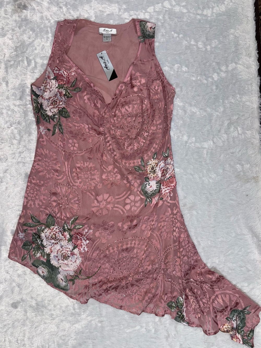 Aris.A Rose Pink 100% Silk Beaded Floral Midi Dress